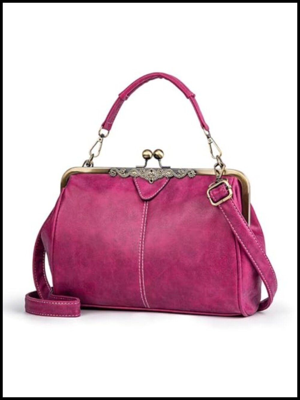 Vegan Leather Satchel Handbag with Kiss Lock Top Handle Crossbody Shoulder Bag